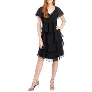 SLNY Black A-line Flutter Sleeve Cocktail Dress